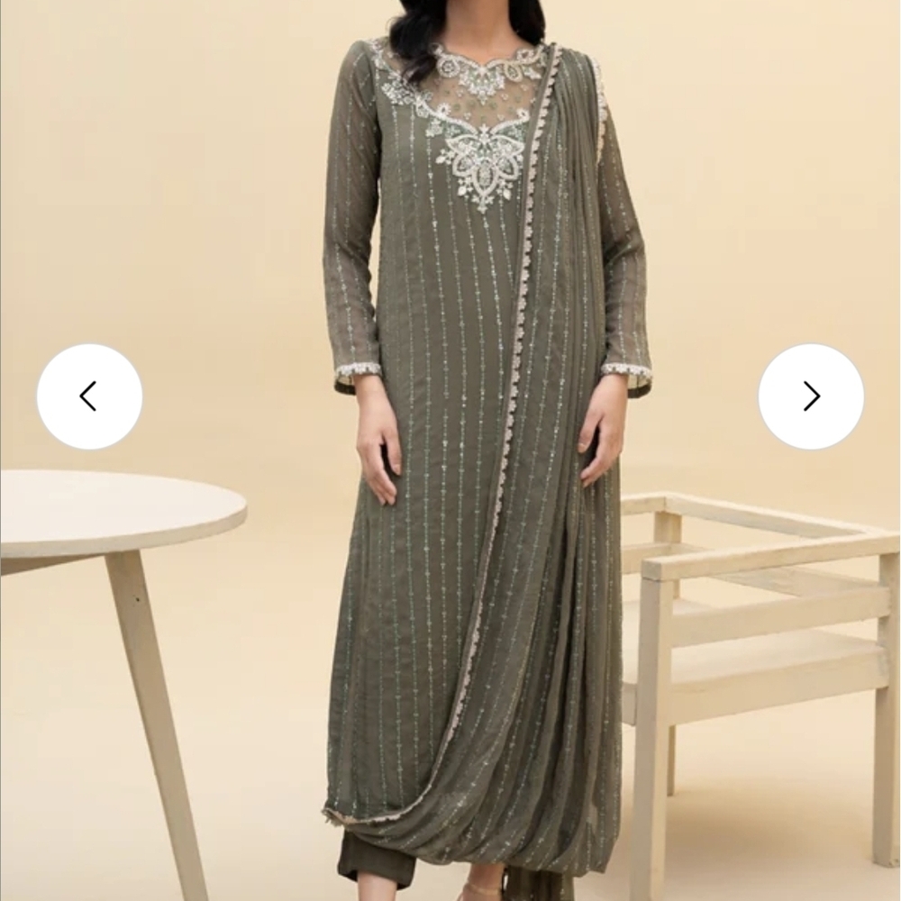 Pakistani Suit 3 Piece - Elegant Olive Green Embroidered Dress Rare Design